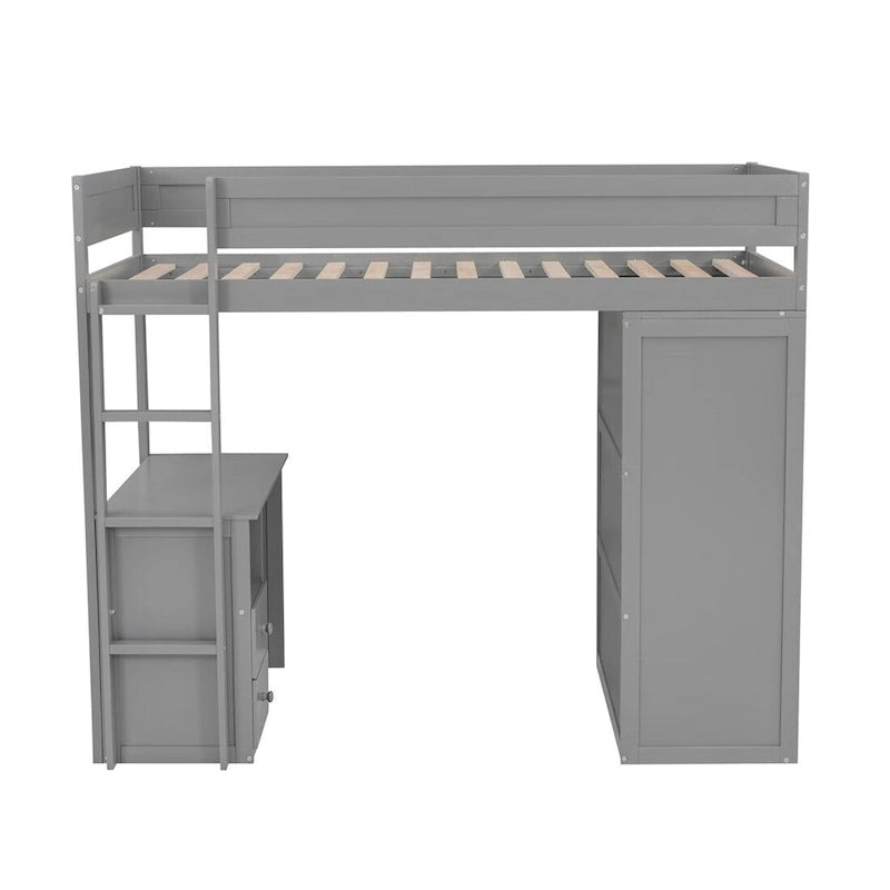 Merax Wood Loft Bed with Wardrobes and 2-Drawer Desk with Cabinet
