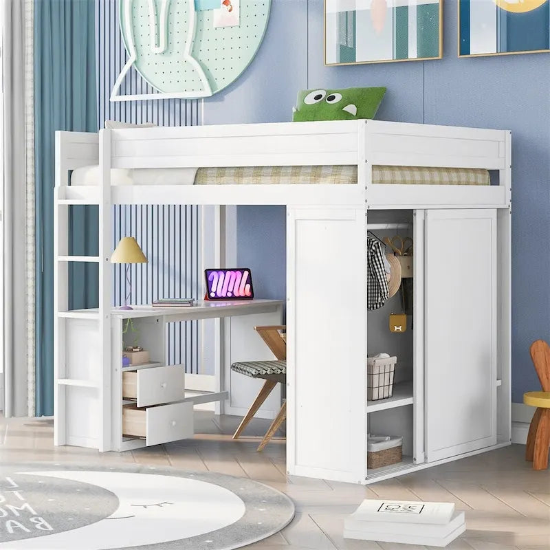 Merax Wood Loft Bed with Wardrobes and 2-Drawer Desk with Cabinet