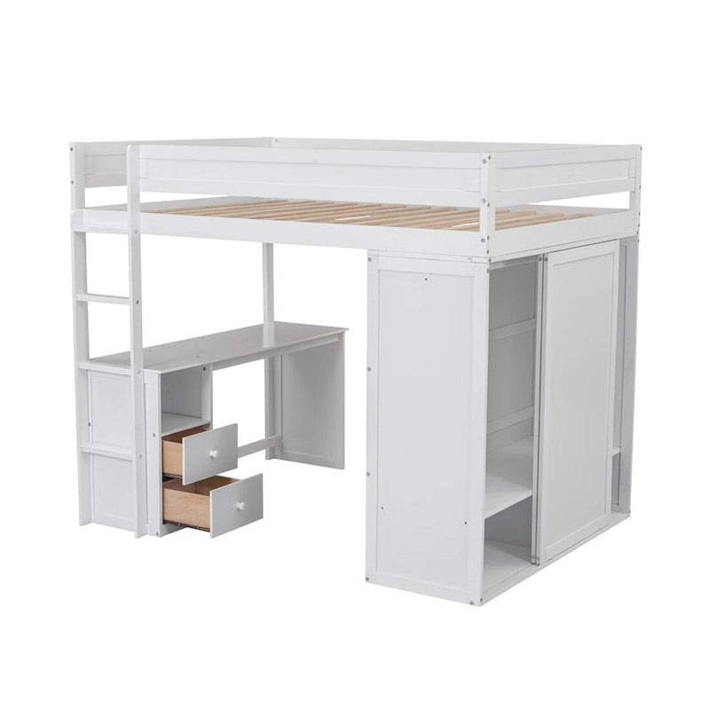 Merax Wood Loft Bed with Wardrobes and 2-Drawer Desk with Cabinet