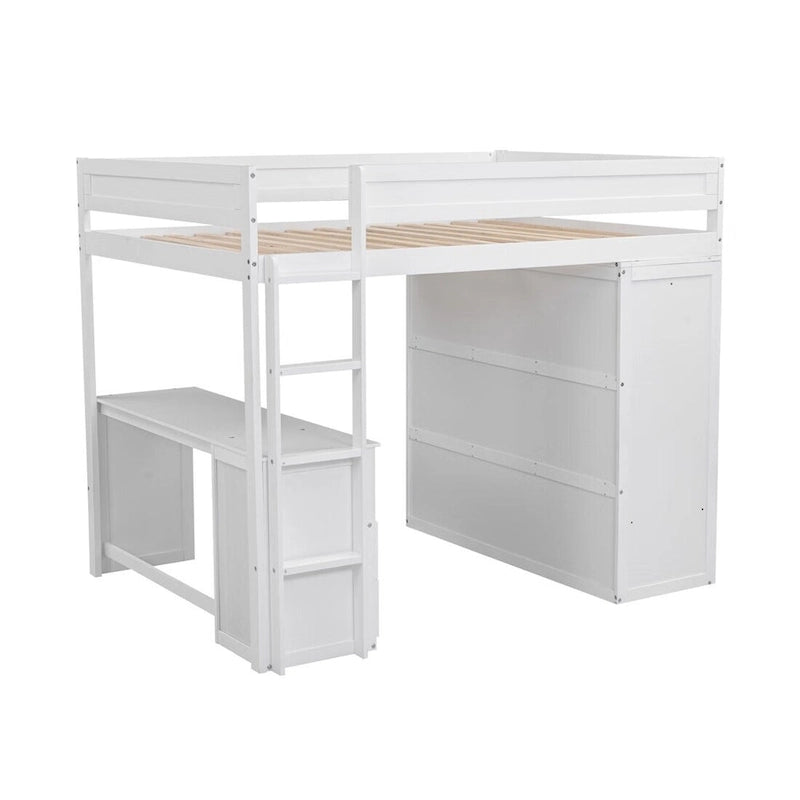 Merax Wood Loft Bed with Wardrobes and 2-Drawer Desk with Cabinet