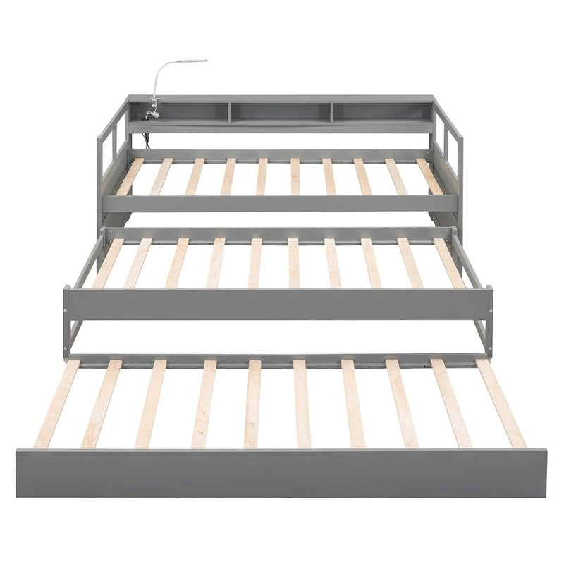 Merax Twin XL Wood Daybed with 2 Trundles, 3 Storage Cubbies, 1 Light for Free and USB Charging Design