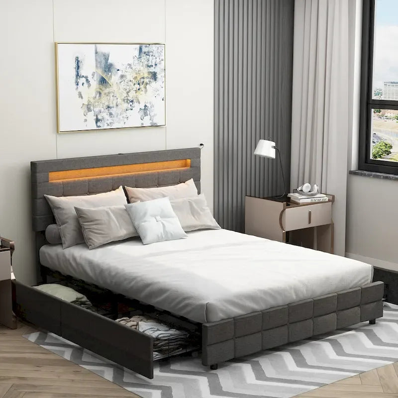 60.6 Queen Bed Frame with Drawers LED Bed Frame USB Charging Station