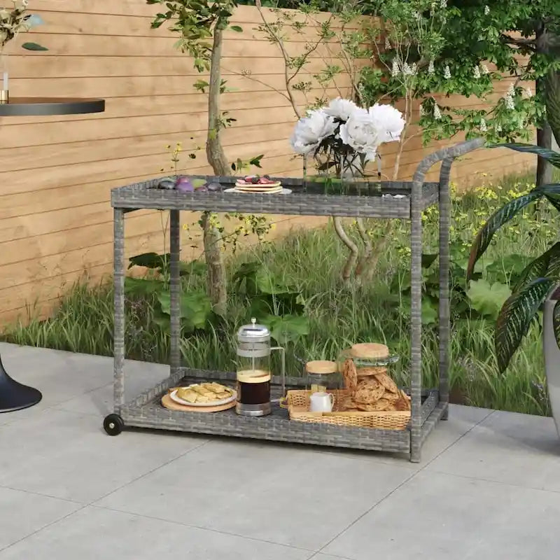 vidaXL Outdoor Bar Cart 2-Tier Serving Cart Rolling Utility Cart PE Rattan - 39.4 x 17.7 x 32.7