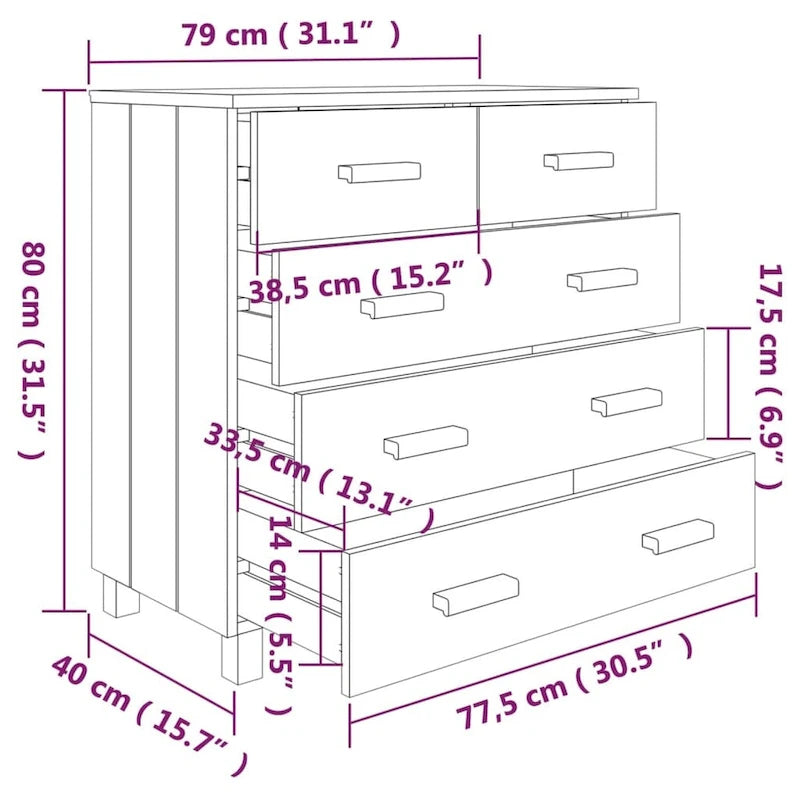 vidaXL Sideboard Bar Buffet Console Cabinet with Drawers HAMAR Solid Wood Pine - 31.1x15.7x31.5