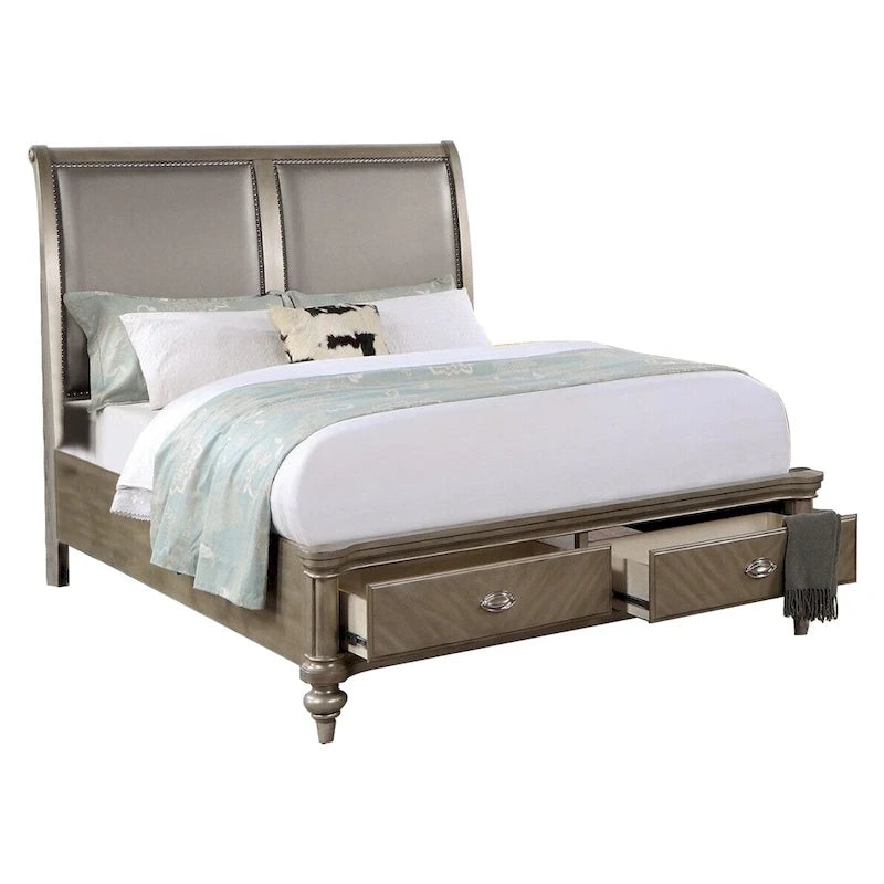 Ella Modern King Size Bed, Faux Leather Upholstery, 2 Storage Drawers, Gold