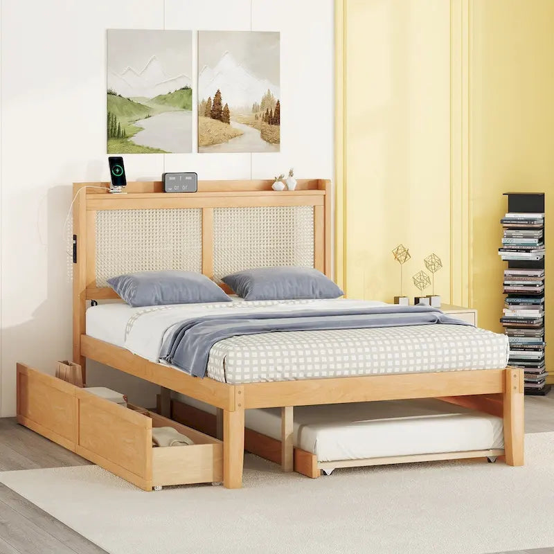 Full Size Bed Frame with Rattan Headboard