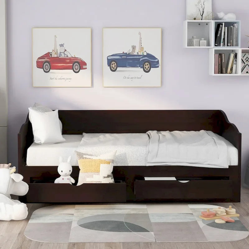 Wooden Daybed with Trundle Bed and Two Storage Drawers