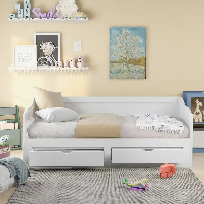 Wooden Daybed with Trundle Bed and Two Storage Drawers