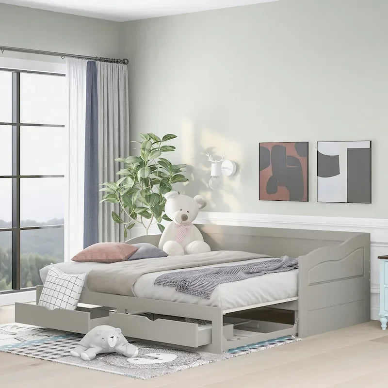 Wooden Daybed with Trundle Bed and Two Storage Drawers