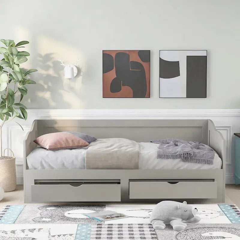 Wooden Daybed with Trundle Bed and Two Storage Drawers