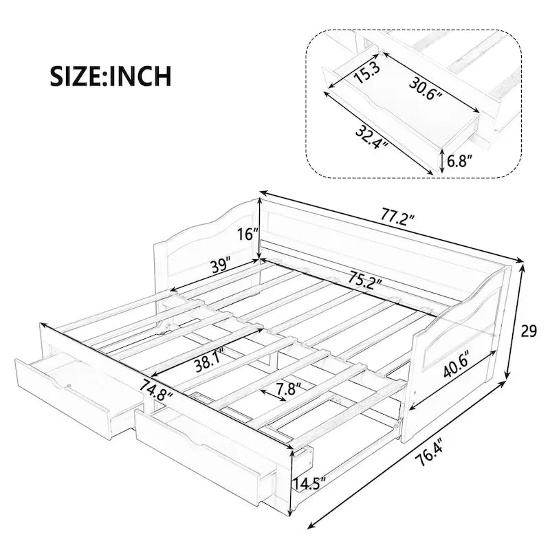 Wooden Daybed with Trundle Bed and Two Storage Drawers