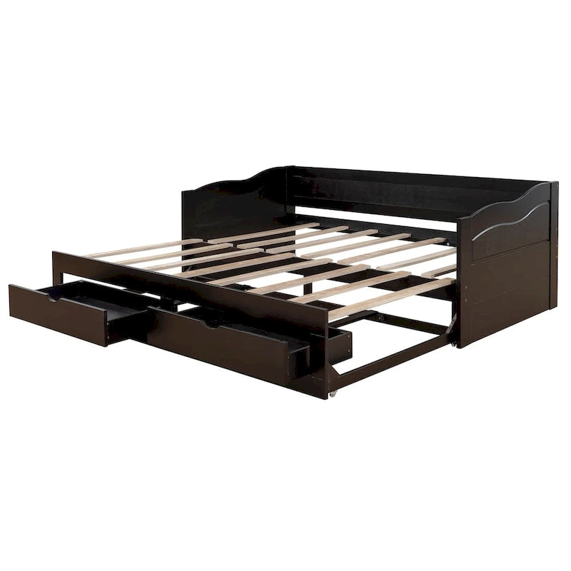 Wooden Daybed with Trundle Bed and Two Storage Drawers