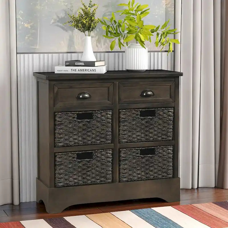 Rustic Storage Cabinet with Two Drawers and Four Classic Rattan Basket - 28L x 11.8W x 28H