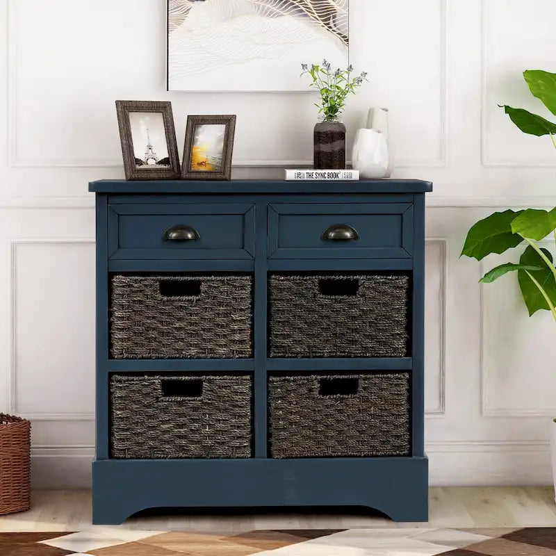 Rustic Storage Cabinet with Two Drawers and Four Classic Rattan Basket - 28L x 11.8W x 28H