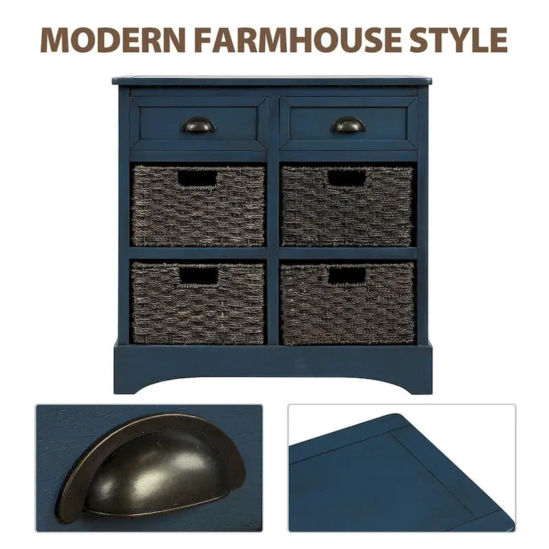 Rustic Storage Cabinet with Two Drawers and Four Classic Rattan Basket - 28L x 11.8W x 28H