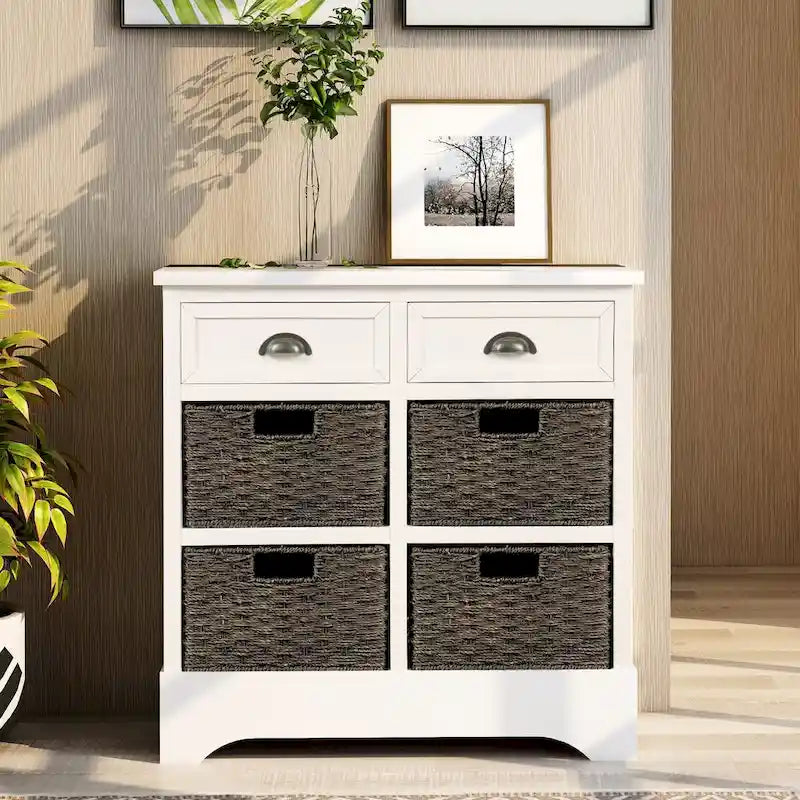 Rustic Storage Cabinet with Two Drawers and Four Classic Rattan Basket - 28L x 11.8W x 28H