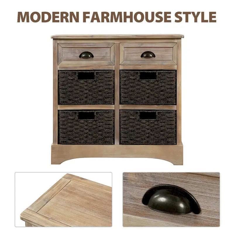 Rustic Storage Cabinet with Two Drawers and Four Classic Rattan Basket - 28L x 11.8W x 28H