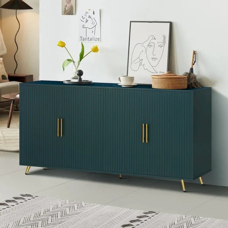 Wood Tv Stand With Storage Cabinet & Adjustable Shelves