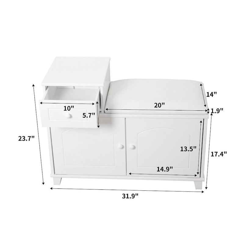 White Wooden Shoe Storage Bench Ottoman Cabinet with Drawer - 31.50*13.78*23.62