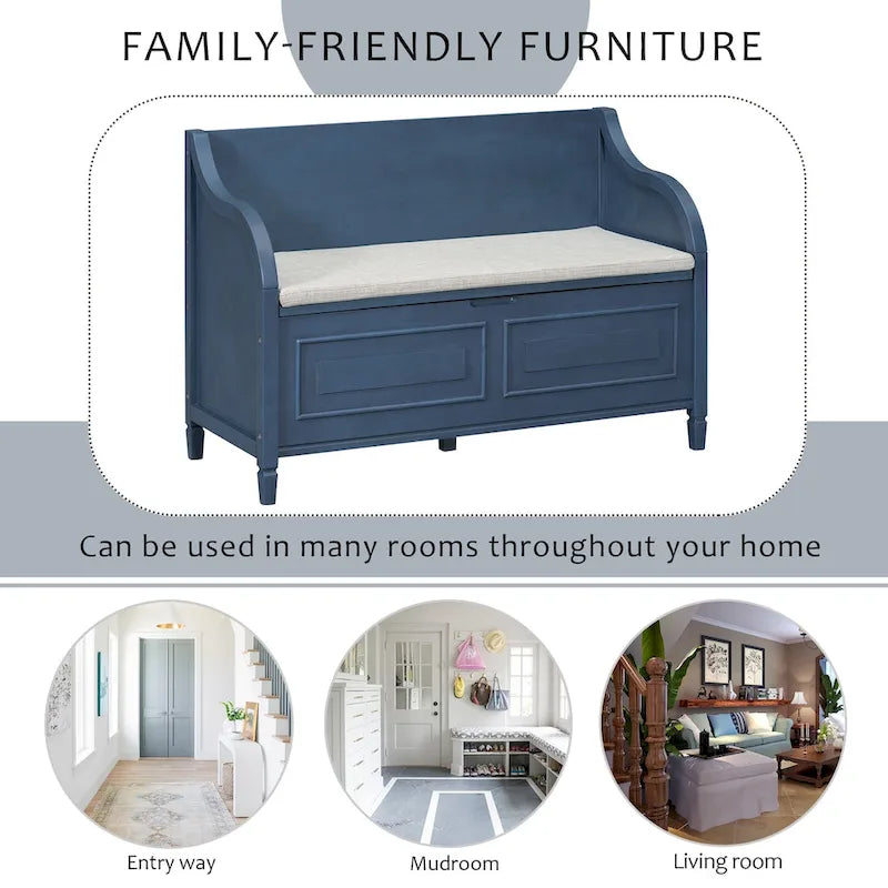 Rustic Style Solid wood Entryway Multifunctional Storage Bench with Safety Hinge