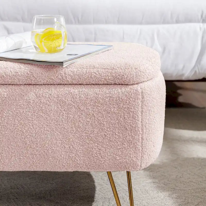 Storage Ottoman Bench for End of Bed Gold Legs,Faux Fur Entryway Bench Upholstered Padded with Storage for Living Room Bedroom
