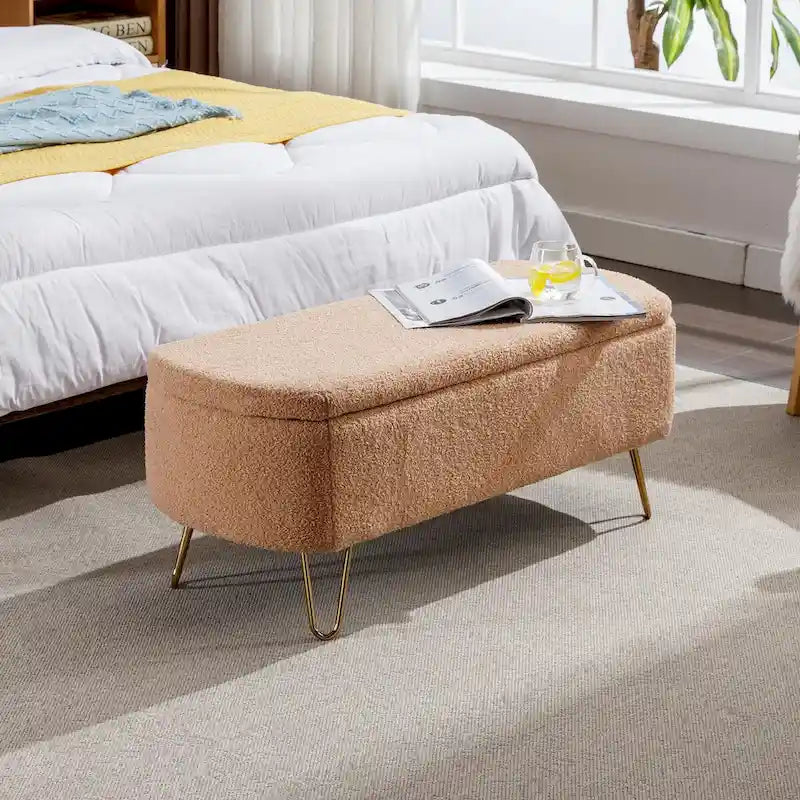 Storage Ottoman Bench for End of Bed Gold Legs,Faux Fur Entryway Bench Upholstered Padded with Storage for Living Room Bedroom