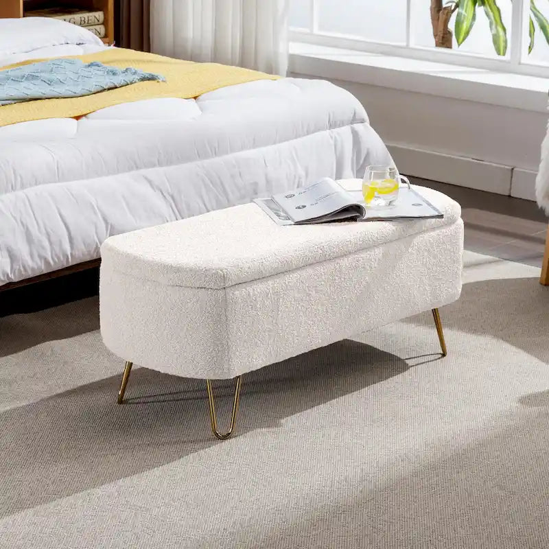 Storage Ottoman Bench for End of Bed Gold Legs,Faux Fur Entryway Bench Upholstered Padded with Storage for Living Room Bedroom