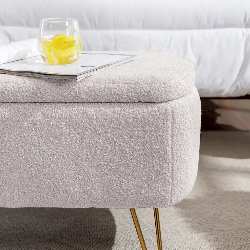 Storage Ottoman Bench for End of Bed Gold Legs,Faux Fur Entryway Bench Upholstered Padded with Storage for Living Room Bedroom