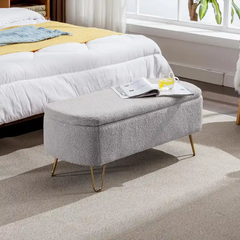 Storage Ottoman Bench for End of Bed Gold Legs,Faux Fur Entryway Bench Upholstered Padded with Storage for Living Room Bedroom