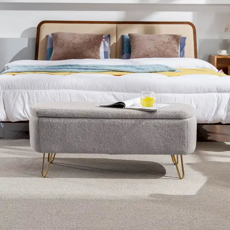 Storage Ottoman Bench for End of Bed Gold Legs,Faux Fur Entryway Bench Upholstered Padded with Storage for Living Room Bedroom