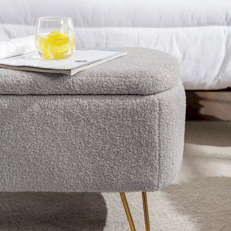 Storage Ottoman Bench for End of Bed Gold Legs,Faux Fur Entryway Bench Upholstered Padded with Storage for Living Room Bedroom