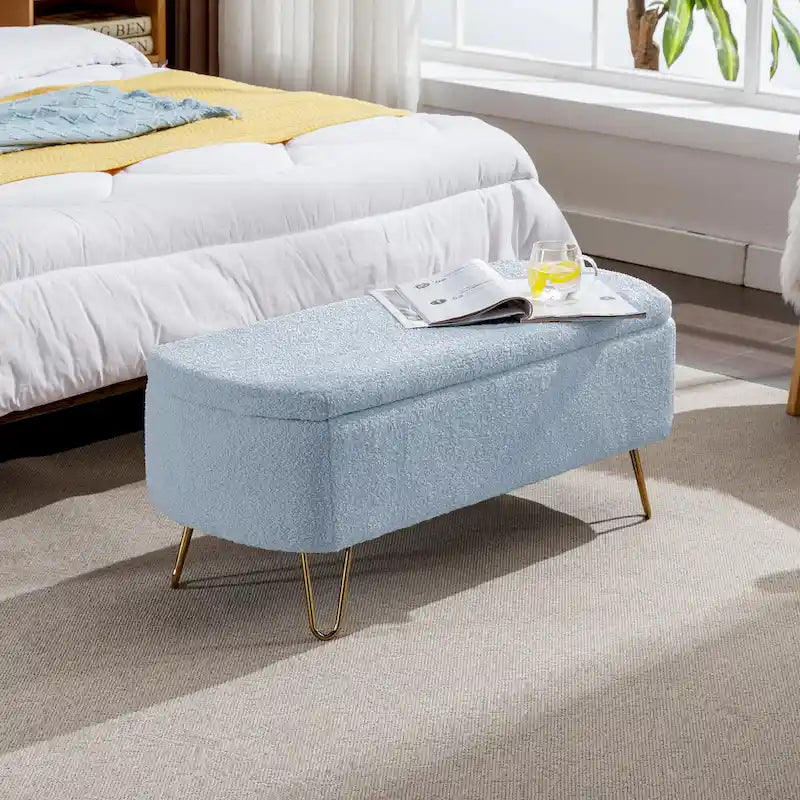 Storage Ottoman Bench for End of Bed Gold Legs,Faux Fur Entryway Bench Upholstered Padded with Storage for Living Room Bedroom
