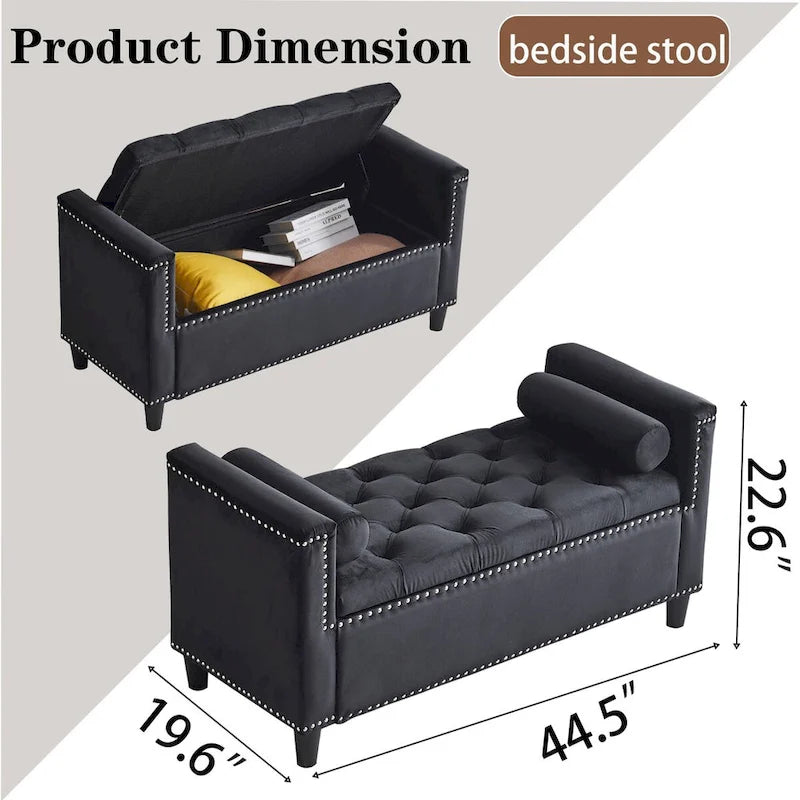 Storage Bench, 44.5-Inch Queen Velvet Button Bedside Bench, Entryway Living Room with Armrests, Nailhead Trim