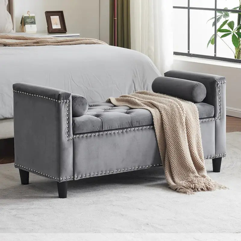 Storage Bench, 44.5-Inch Queen Velvet Button Bedside Bench, Entryway Living Room with Armrests, Nailhead Trim