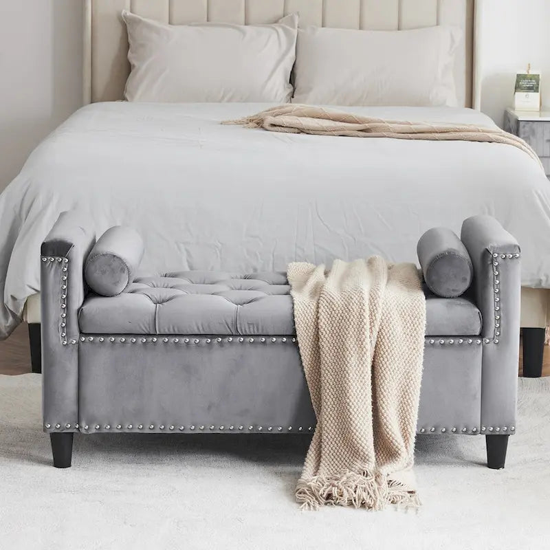 Storage Bench, 44.5-Inch Queen Velvet Button Bedside Bench, Entryway Living Room with Armrests, Nailhead Trim