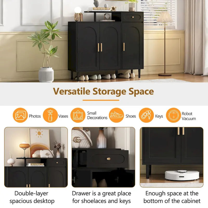 Shoe Cabinet with Arched Doors and Drawer,Cream Style Storage Sideboard with Adjustable Shelves and Solid Wood Legs