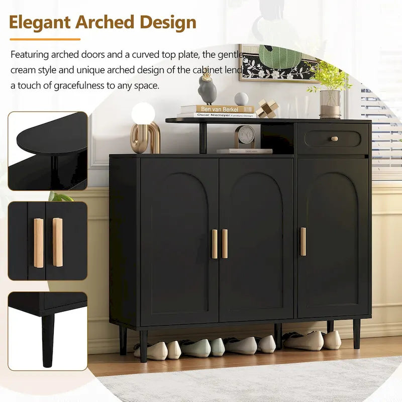 Shoe Cabinet with Arched Doors and Drawer,Cream Style Storage Sideboard with Adjustable Shelves and Solid Wood Legs