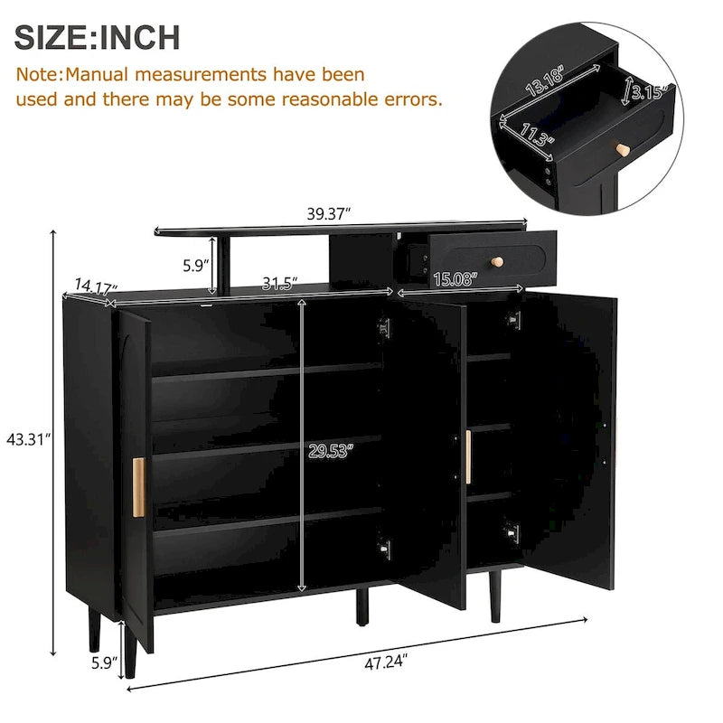 Shoe Cabinet with Arched Doors and Drawer,Cream Style Storage Sideboard with Adjustable Shelves and Solid Wood Legs