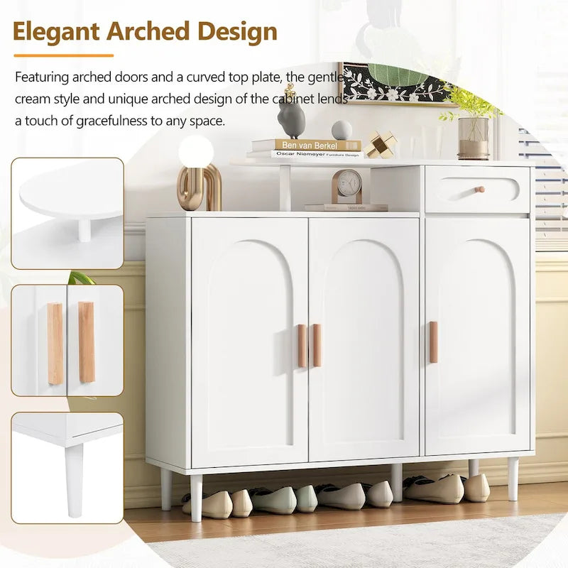 Shoe Cabinet with Arched Doors and Drawer,Cream Style Storage Sideboard with Adjustable Shelves and Solid Wood Legs