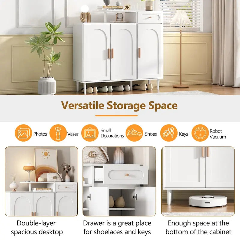 Shoe Cabinet with Arched Doors and Drawer,Cream Style Storage Sideboard with Adjustable Shelves and Solid Wood Legs