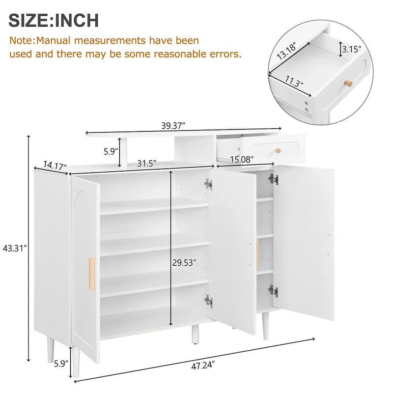 Shoe Cabinet with Arched Doors and Drawer,Cream Style Storage Sideboard with Adjustable Shelves and Solid Wood Legs