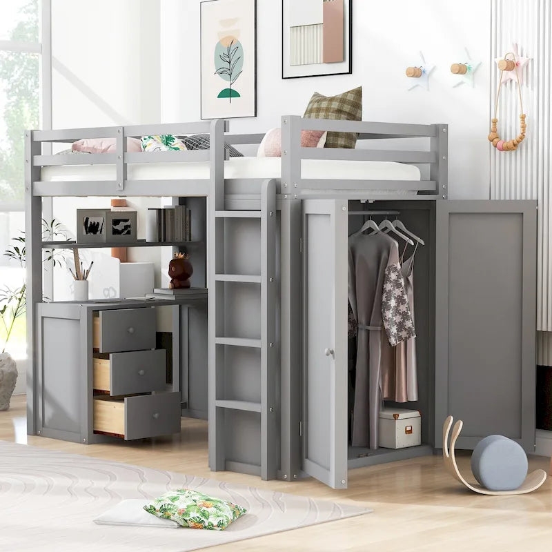Loft Bed with Drawers, Desk and Wardrobe
