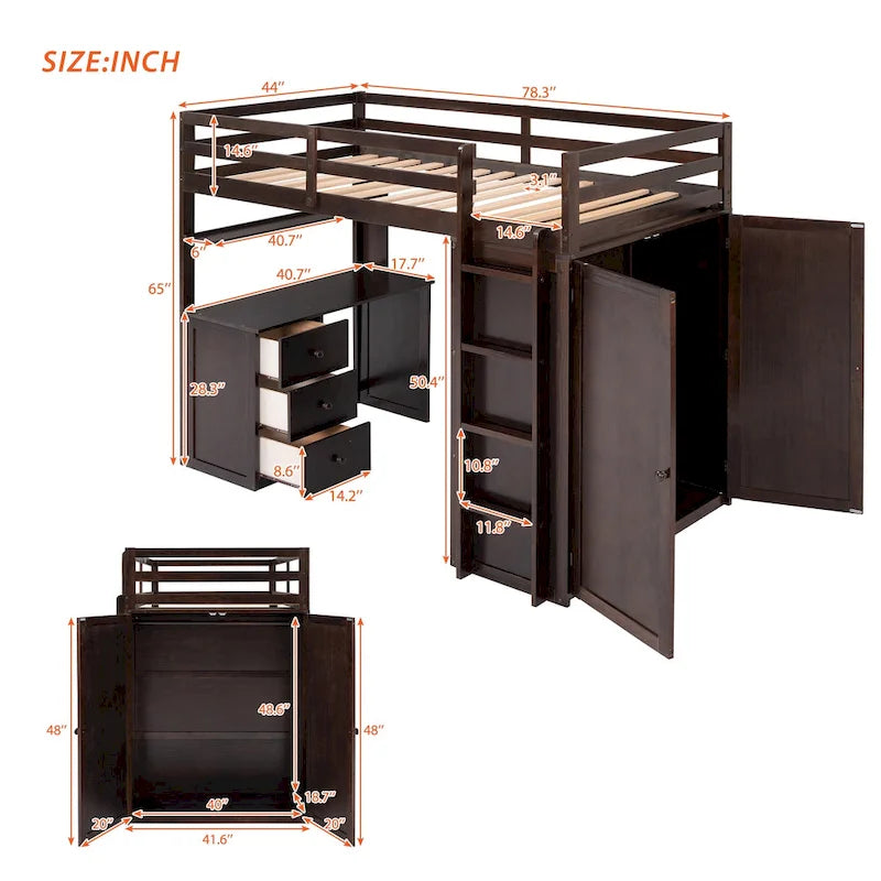 Loft Bed with Drawers, Desk and Wardrobe