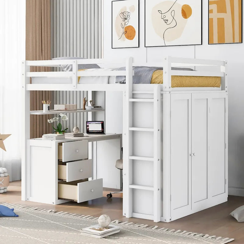 Loft Bed with Drawers, Desk and Wardrobe