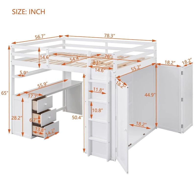 Loft Bed with Drawers, Desk and Wardrobe