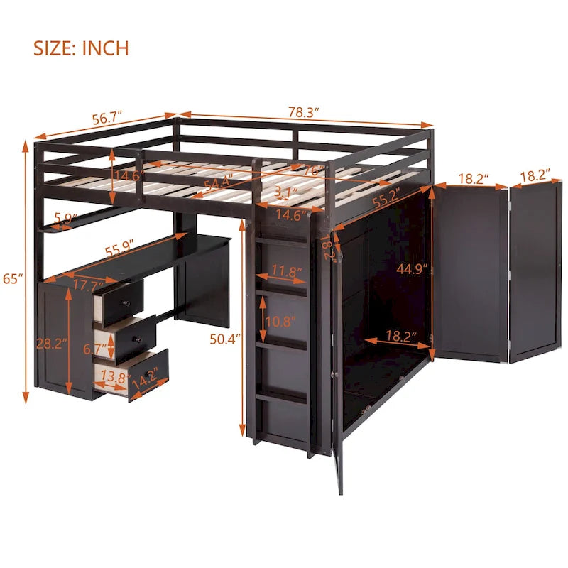 Loft Bed with Drawers, Desk and Wardrobe