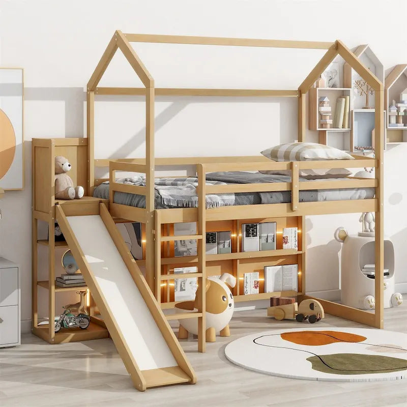 Merax Twin Size Wood House Loft bed with Slide