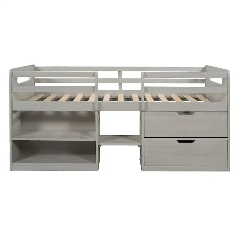 Solid Wood Twin Size Loft Bed with Dual Shelves and Two Drawers for Storage