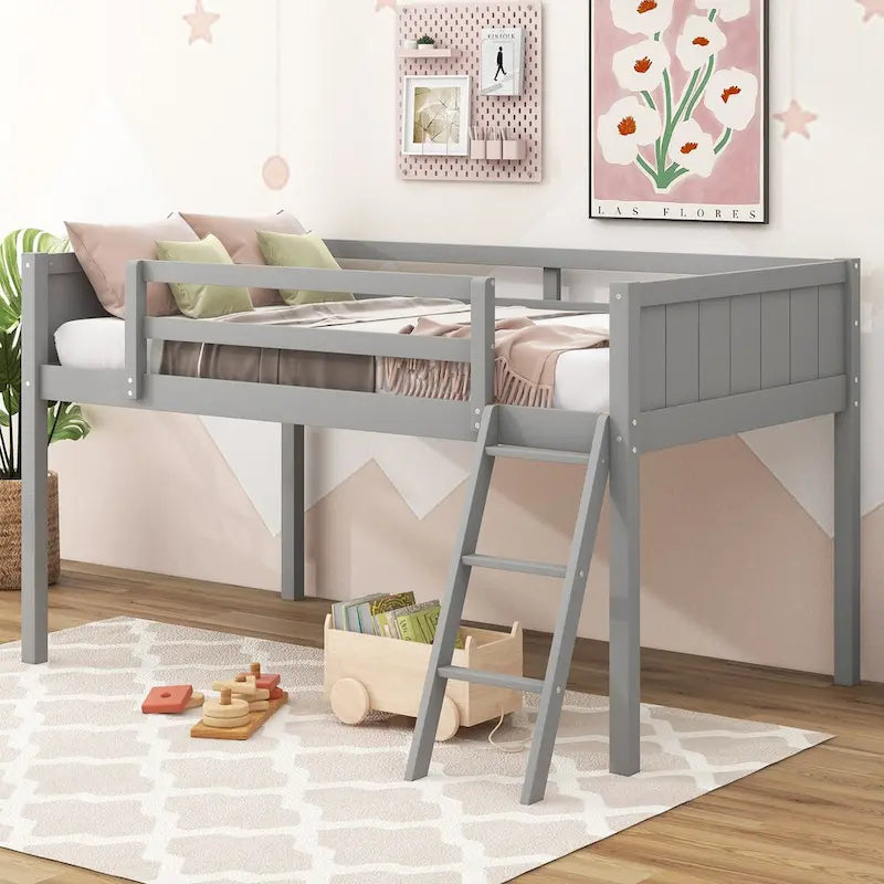 Wood Low Loft Bed with Ladder, Ladder Can Be Placed on the Left or Right