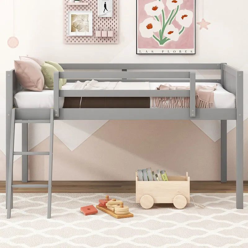 Wood Low Loft Bed with Ladder, Ladder Can Be Placed on the Left or Right